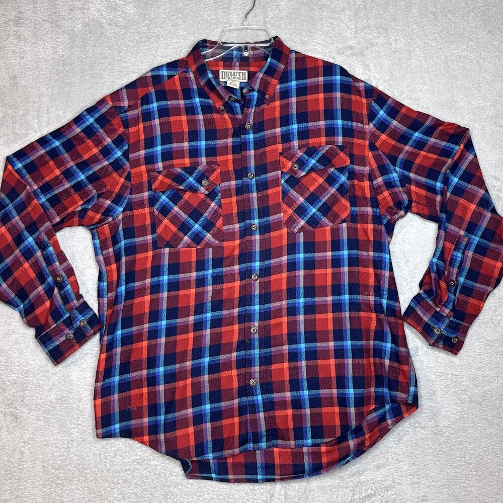 Duluth Trading Men's Flannel Shirt Blue Red Plaid Size XL Button Up Cotton Blend